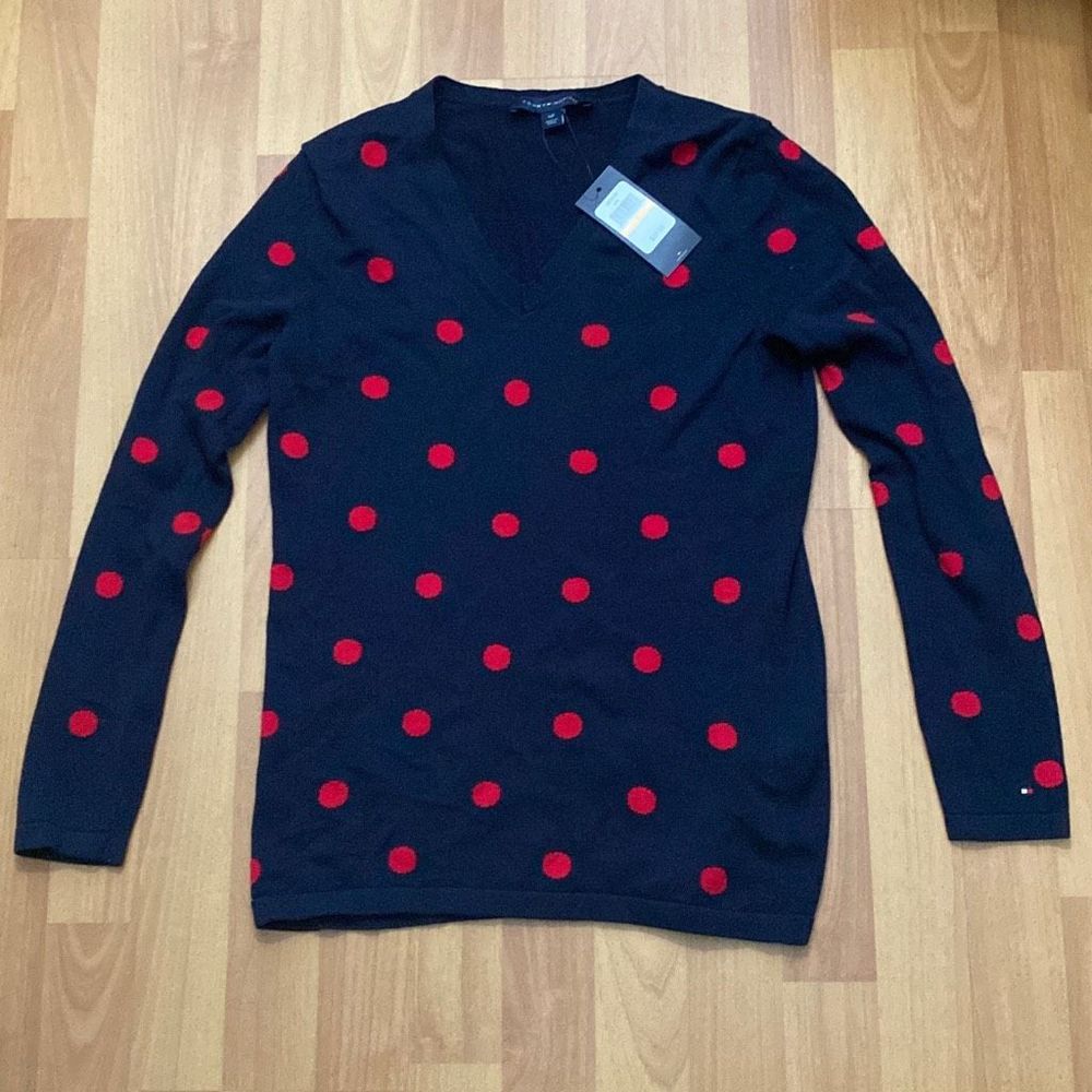 Tommy Hilfiger Navy Blue & Red Polkadots Sweater Long sleeves ￼Women Small NWT